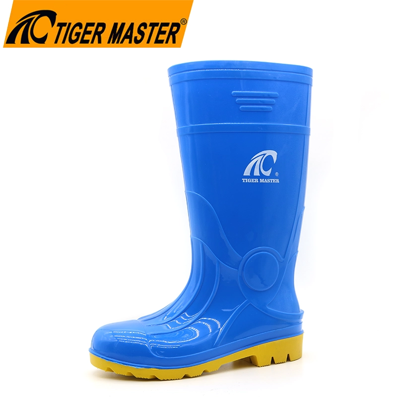China GB07 CE botas de chuva de segurança em pvc com brilho à prova d'água azul com biqueira de aço fabricante GB07 CE botas de chuva de segurança em pvc com brilho à prova d'água azul com biqueira de aço