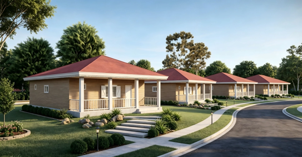 1. Single story red roof prefab activity house, wood grain modular cabin with covered front porch for resort homestay