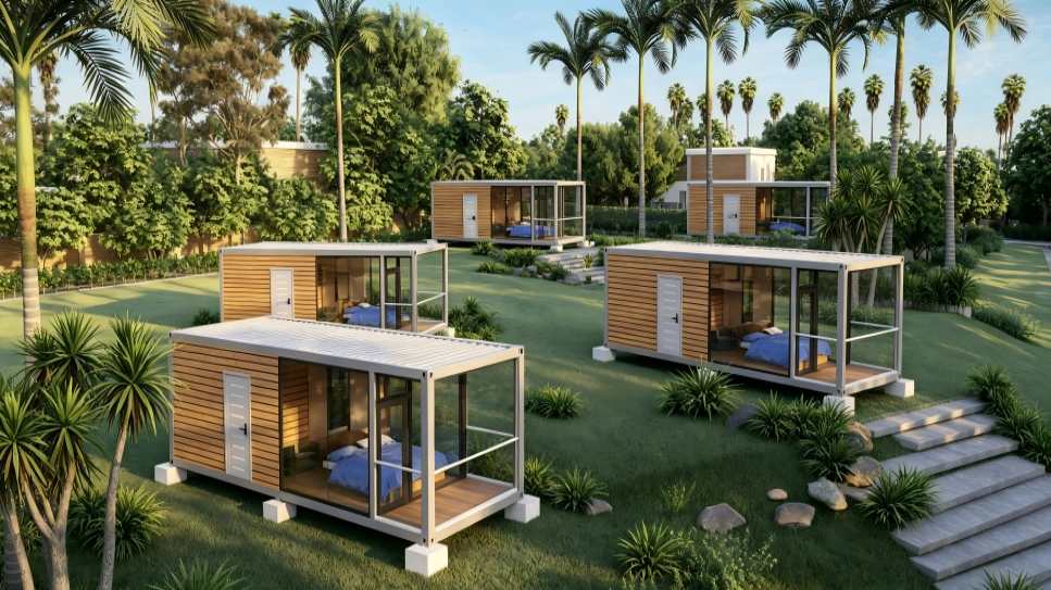 Luxury furnished prefab container tiny house with wood cladding and glass balcony, modular glamping pod on green lawn with tropical palm trees for resort homestay