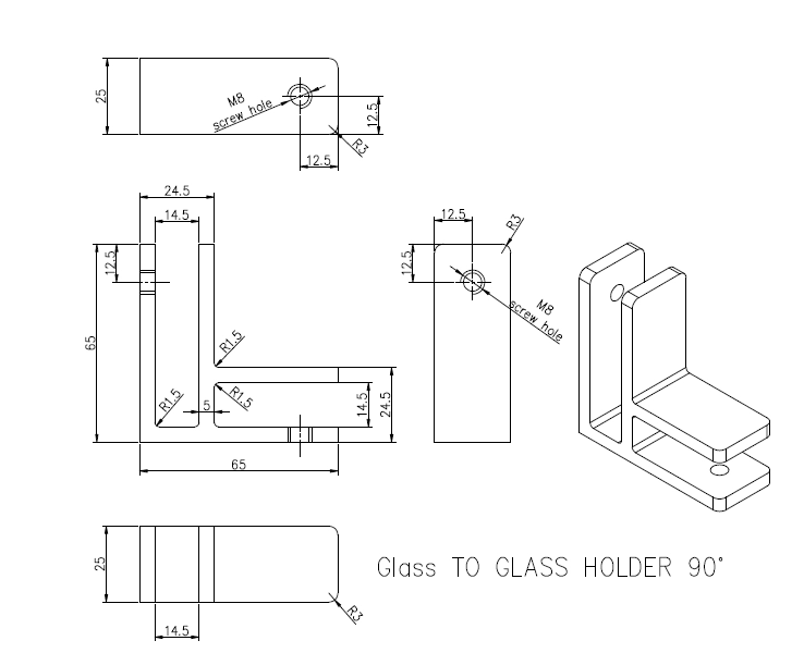 Cinconas de vidrio de 90 grados para 12 mm de vidrio