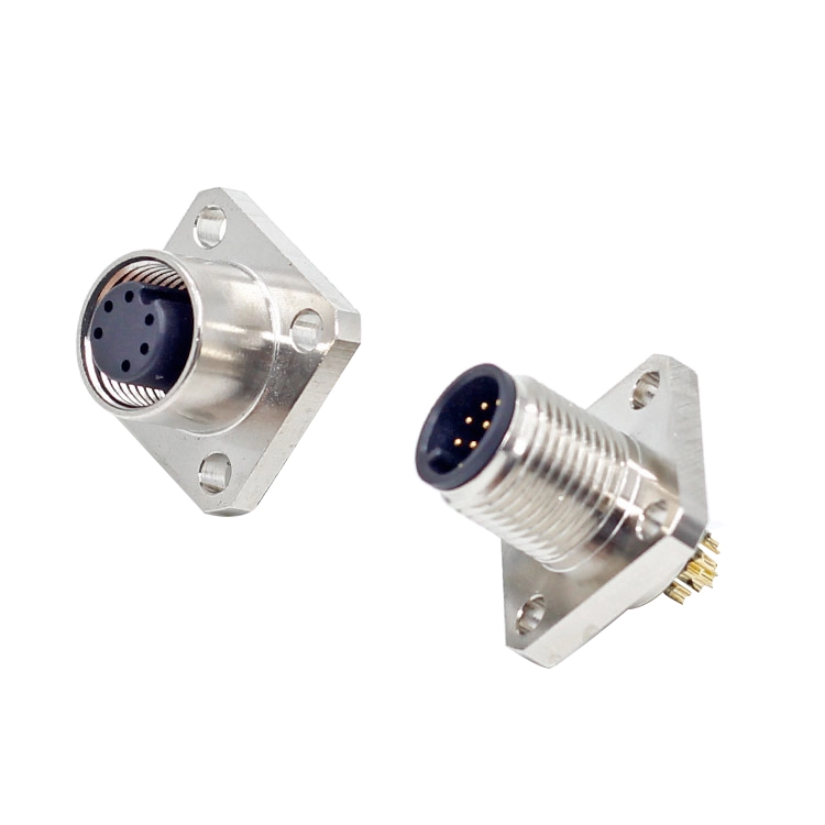 M12 male flange panel mount electrical square connector with 3 4 5 6 8 12 pin