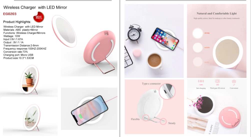 Wireless charger with led mirror