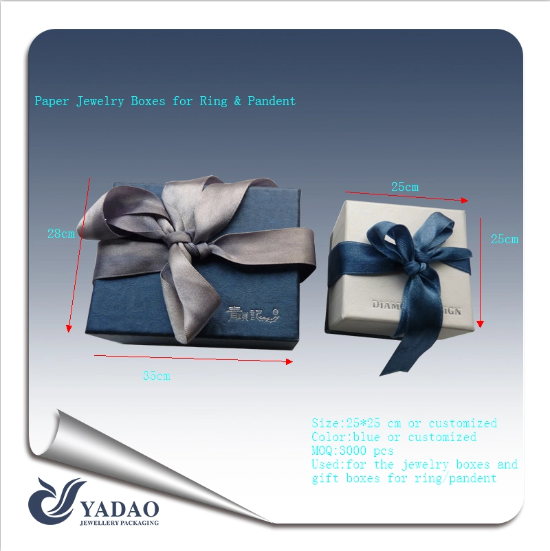 China Fashion paper jewelry box for ring pandent jewelry packaging gift box with logo and colored ribbon made in China manufacturer