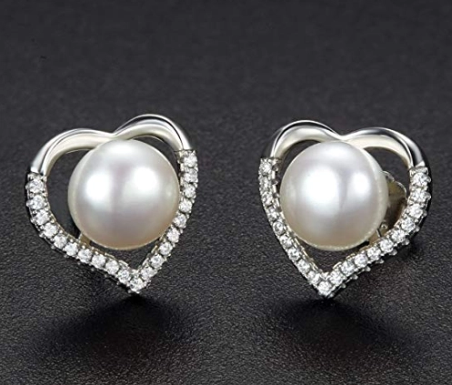 925 Sterling Silver Heart shaped Earrings with Diamonds and Pearls for Woman