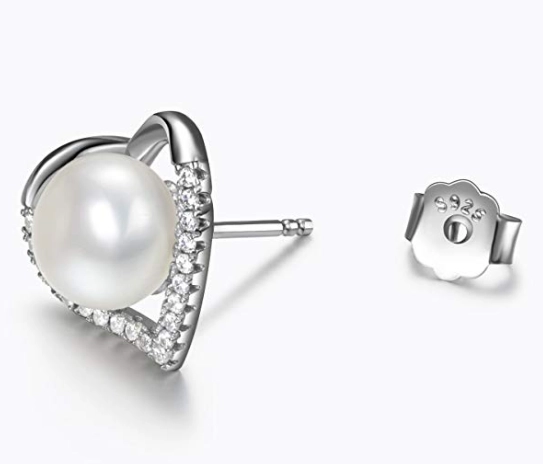 925 Sterling Silver Heart shaped Earrings with Diamonds and Pearls for Woman