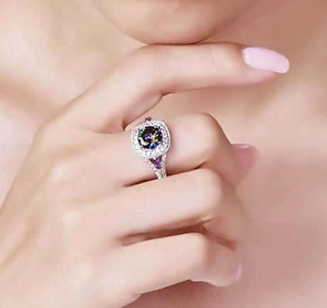 China Wholesale 925 Sterling Silver Round Created Rainbow Topaz Ring for Woman