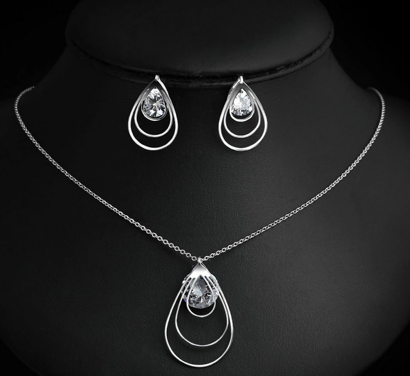 Shenzhen factory high grade brilliant Ladies Jewellery Earring And necklace steel CZ statement silver jewelry set