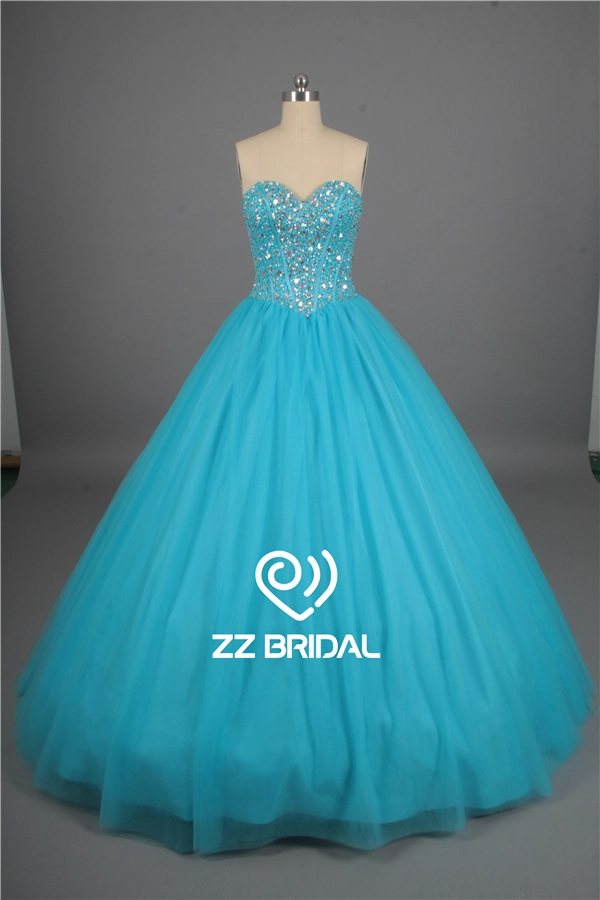 Escote corazón la luz con cordones vestido azul quinceañera con cuentas blusa completa