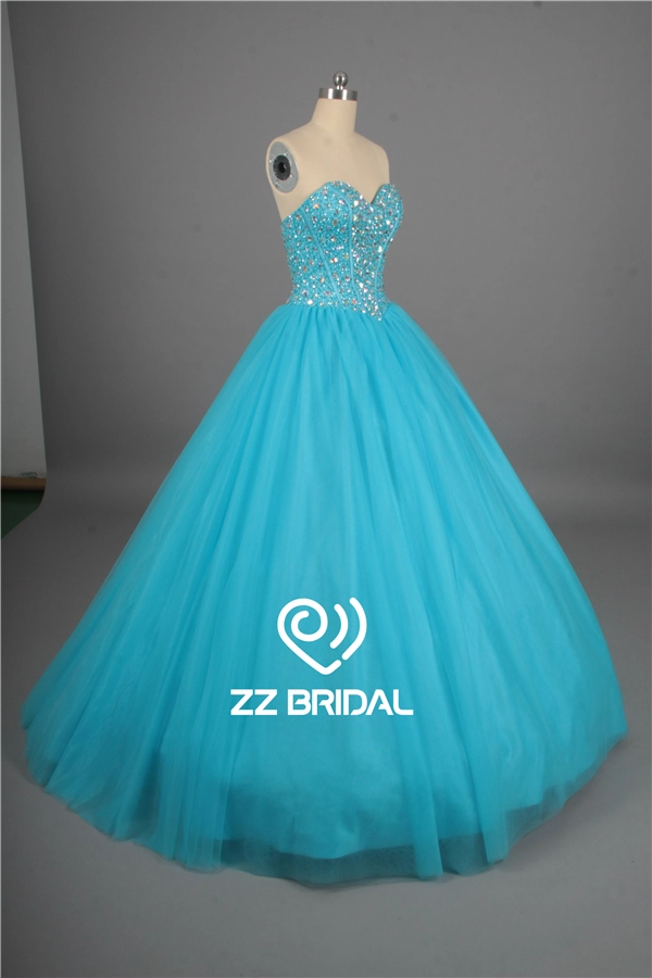 Escote corazón la luz con cordones vestido azul quinceañera con cuentas blusa completa