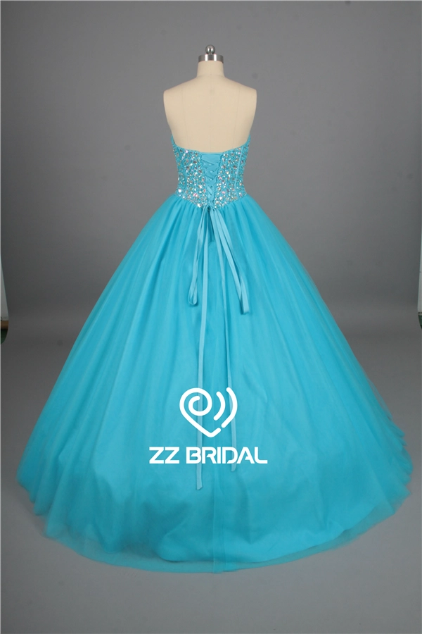Escote corazón la luz con cordones vestido azul quinceañera con cuentas blusa completa