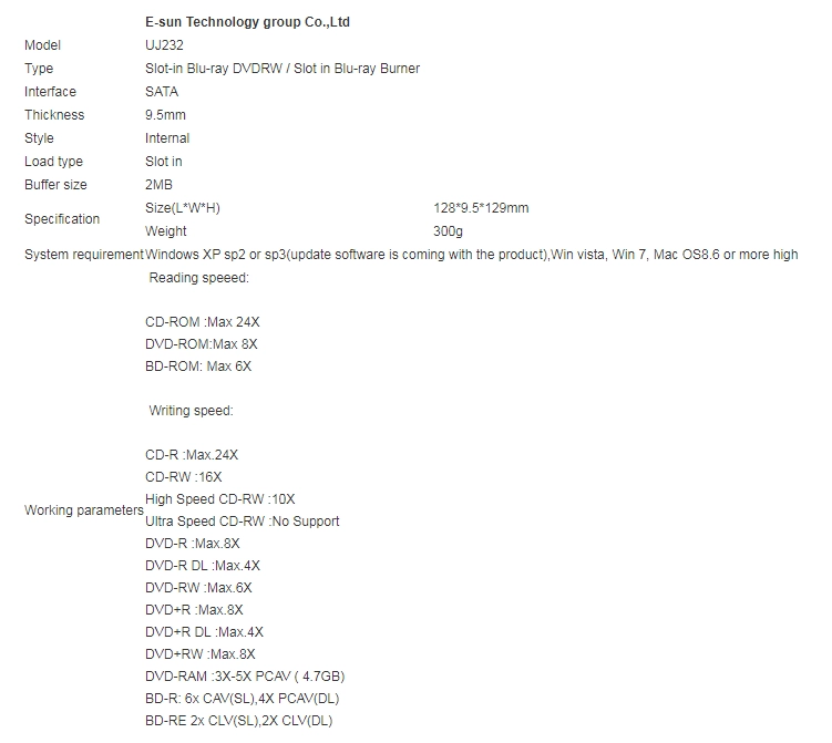 UJ232 Internal Optical Drive Product description