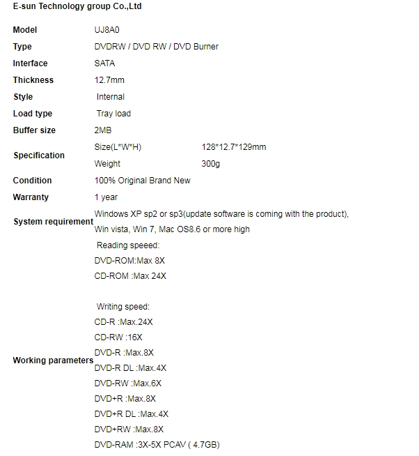 Panasonic UJ8A0 internal optical drive