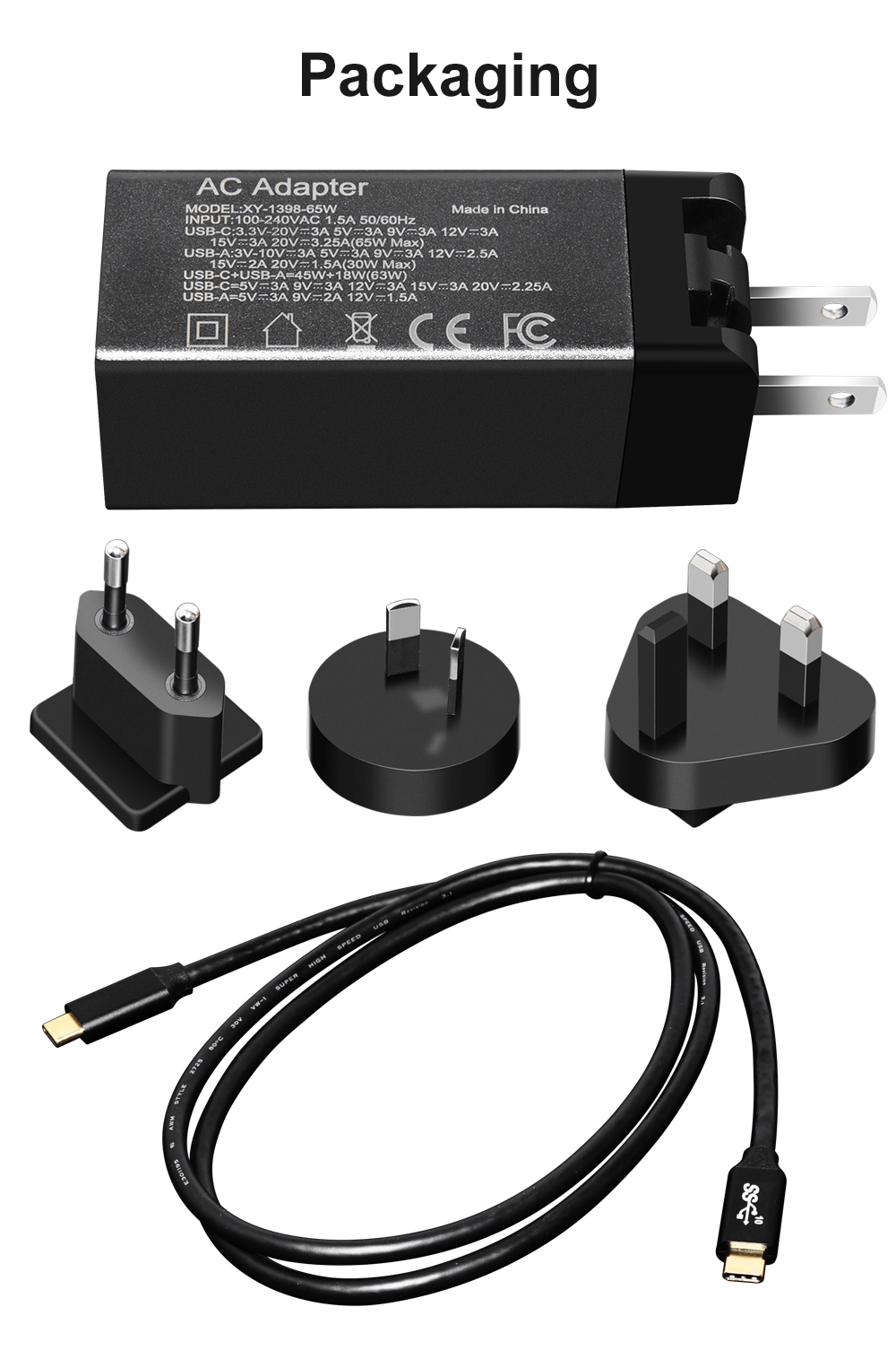 E-sun 65W GaN Tech PD Compact gan Charger Wall Charger For Mobile Devices with Type-C QC3.0 Output, Interchangeable Plug