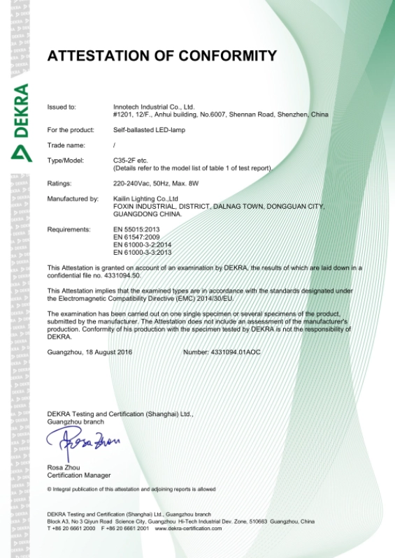china LED Lamps certificated DEKRA 4331094.01AOC